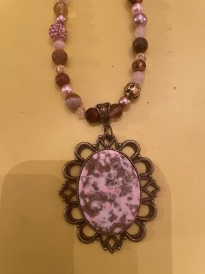 Collar Retro Vintage Bronce Alemán Mosaico Colgante Hematita Jaspe Cristal Cuentas Foto 1 de 3