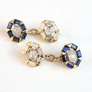 Importantes y únicos gemelos de caballero de oro de 18 quilates con diamantes y zafiros Estate - Imagen 1 de 10