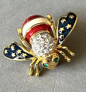 New JOAN RIVERS Patriotic American Flag Red White Blue Star Rhinestone Bee Pin - Picture 1 of 8