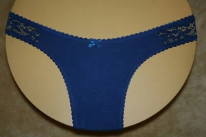 Dark Blue Thong With Shiny Bow & Floral Lace Mesh Panels On Hips - 40/42 - Picture 1 of 2