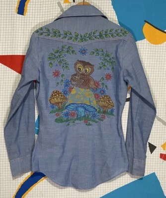 Vintage 70s Mushroom Owl Shirt Chambray Medium Hand Painted Hippie Boho Nature - Image 1 of 4