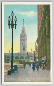 San Francisco CA Lower Market Street Showing Ferry Tower Clock Postcard 1920's - Picture 1 of 4