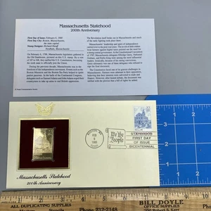 MASSACHUSETTS STATEHOOD 22kt Gold Stamp 1st Day Issue 22 Cent  200th Anniversary - Picture 1 of 4