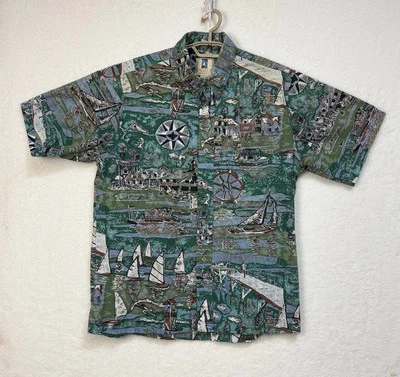 Винтажная мужская рубашка Kahala Hawaiian Islands Aloha размер L парусники разноцветная - Изображение 1 из 4