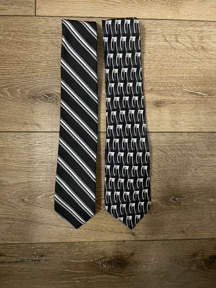 Dockers -  J Ferrar Tie Black Grey White Striped & Geometric Print Lot Of 2 - Image 1 of 4