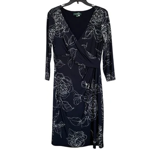 Vestido Ralph Lauren Para Mujer Talla 12 Midi Cuello Sobrepelliz Floral Manga 3/4 Forrado - Imagen 1 de 9
