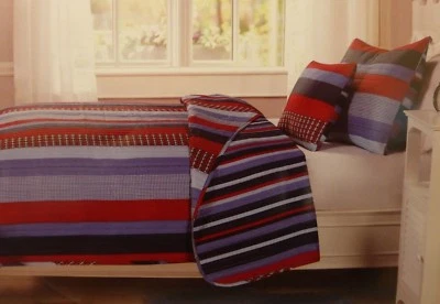4 pc Kids Expressions Stripe Plaid Full Quilt, Shams, & Deco Pillow Set NIP - Image 1 of 4