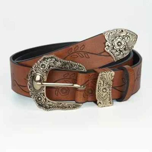 WOMEN WESTERN EMBOSSED BROWN LEATHER BELT PREPPY FLORAL size M L43in W1.5in WIDE - Picture 1 of 7