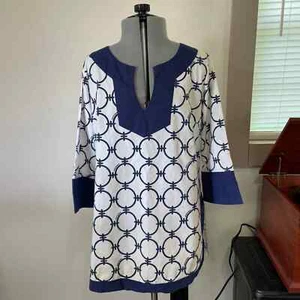 Gretchen Scott geometrischer Druck blau weiß Tunika Popover Shirt Größe Small - Bild 1 von 7