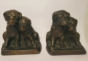 VINTAGE ORPHANS BRONZE BRASS PUPPY DOG BOOKENDS ANTIQUE COLLECTIBLE  - Picture 1 of 12