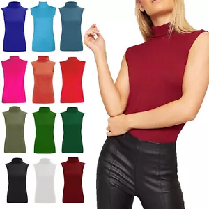 WOMENS TURTLE NECK TOP LADIES ROLL NECK POLO NECK JUMPER SLEEVELESS - Picture 1 of 25