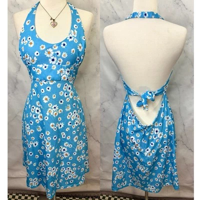 Vintage 70s Mod Flower power mini dress S  Women's Babydoll V-Neck Halter blue - Image 1 of 4