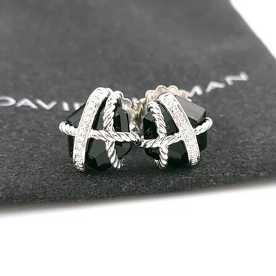 Pendientes David Yurman de plata de ley envolventes con cable de 10 mm de ónix negro y diamantes Foto 1 de 4