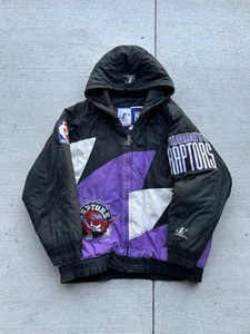 90s Toronto Raptors Double Sharktooth Logo Athletic Hooded Puffer Jacket Rare - Picture 1 of 9