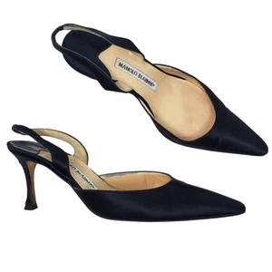 Vintage Manolo Blahnik Carolyne Satin Mid Heel Slingback Heels Black Size 37.5 - Picture 1 of 10