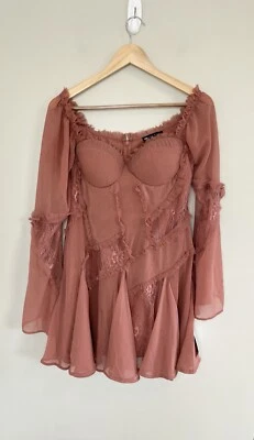 ASOS Dress Long Sleeve Corset Patchwork Lace Chiffon Coquette Lace Pink Sz 10 - Image 1 of 4