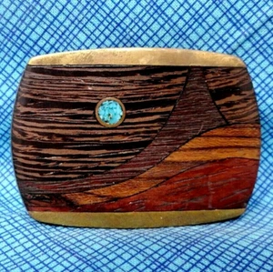 Exotisches Holz Stein Messing Intarsien Landschaft Kunst Kleid Gürtelschnalle Vintage 70er DS.DBD473 - Bild 1 von 9