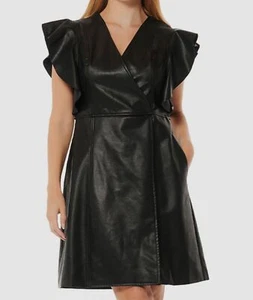 $119 Gracia Women's Black Faux Leather Ruffled V-Neck Shift Dress Size L - Picture 1 of 2