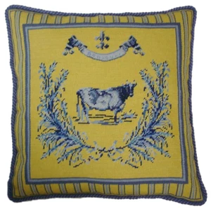 19" x 19" Handmade Wool Needlepoint French Country Cow Pillow - Picture 1 of 2
