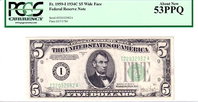 1934-C $5 Federal Reserve Note Wide Face Minneapolis PCGS 53PPQ #I22032982A - Image 1 of 2