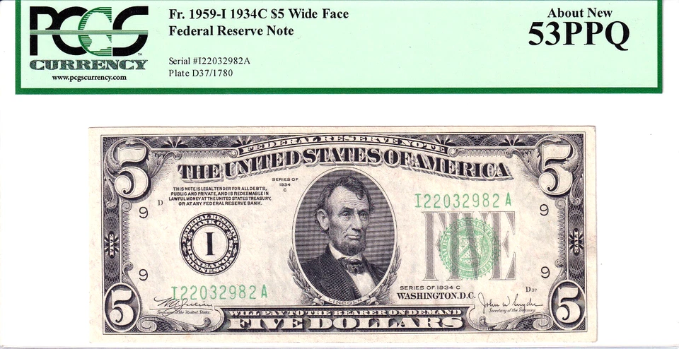 1934-C $5 Federal Reserve Note Wide Face Minneapolis PCGS 53PPQ #I22032982A - Image 1 of 2