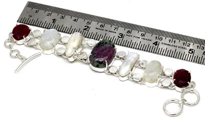 Ruby in zoisite Gemstone 925 Sterling Silver Handmade Jewelry Bracelet Size-7-8" - Image 1 of 4
