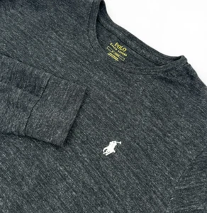 Polo Ralph Lauren Mens Tee M Cotton Gray Crewneck Long Sleeve White Pony T-Shirt - Picture 1 of 6