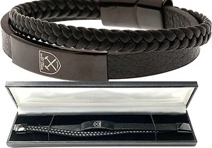 WEST HAM UNITED FC BLACK IP LEATHER BRACELET WHUFC CREST PLATE GIFT BOXED - Picture 1 of 7