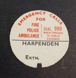 Vintage Black & Red Rotary Telephone Dial Number Card Inset - Harpenden (a - Afbeelding 1 van 2