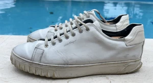 SALVATORE FERRAGAMO WHITE LEATHER LOGO DETAIL SNEAKERS Sz 9.5M MADE IN ITALY - Picture 1 of 20