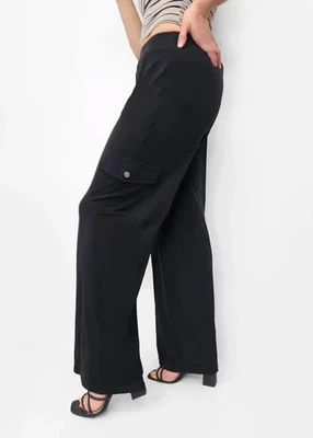 Pantalón Michael Kors Mujer Negro Tiro Alto Cintura Pierna Ancha Carga Bolsillo Talla M Foto 1 de 4