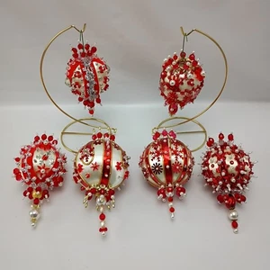 Vintage Fancy Push Pin Ornament Lot Red And White Christmas Tree Ornaments  - Picture 1 of 7