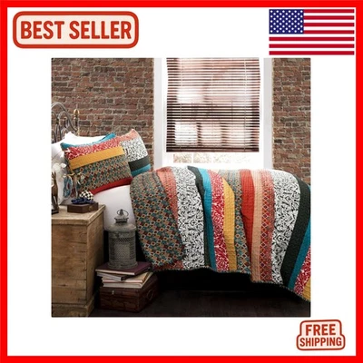 Lujoso Juego de Edredón de Algodón Reversible a Rayas Boho - Turquesa Vibrante y Tange... Foto 1 de 4