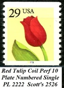 $.29 Red Tulip Plate Numbered Perforated 10 Single Coil PL 2222 MNH Scott's 2526 - Picture 1 of 2