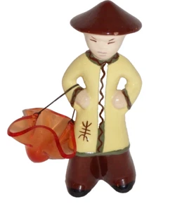 Vintage Ceramic Asian Figurine Yellow Brown Holding Basket in arm 5.5" tall - Picture 1 of 10