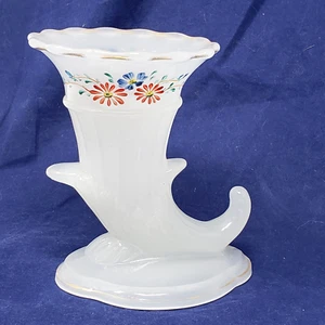 Mid Century Milk Glass Cornucopia Shaped Vase Handpainted Floral Motif 6" H - Picture 1 of 11