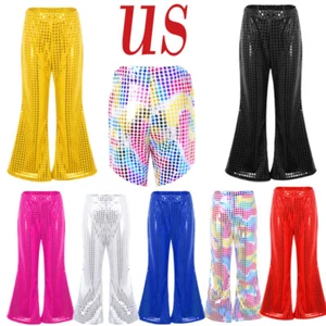 Girls Shiny Hip Hop Pants Disco Dance Costume Trouser Kids Elastics Flared Pant - Picture 1 of 91
