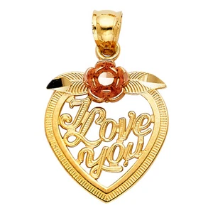 14K Two Tone Gold I Love You Heart with Flower Charm Pendant For Necklace Chain - Picture 1 of 4