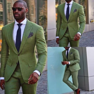Linen Men Suit Peak Lapel Blazer Slim Fit 2 Pieces Formal Wedding Groom Tuxedos - Afbeelding 1 van 9