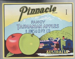 FRUIT BOX LABEL , TASMANIA ,PINNACLE BRAND FANCY TASMANIAN APPLES , H JONES & CO - Picture 1 of 1