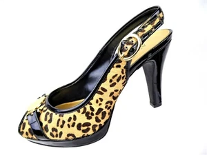 Anne Klein Woman's Size 7 Patent Leather Open Toe Zoo Print Slingback Heel Shoes - Picture 1 of 12