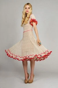Handmade Ivory Fruit Flower Hand knit Crochet Ruffle Cotton Midi Dress S 8 10 - Picture 1 of 11