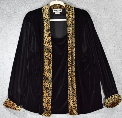 Chaqueta Joan Leslie Frente Abierto Mujer Talla US 1X Terciopelo Borde Leopardo Negra Foto 1 de 4