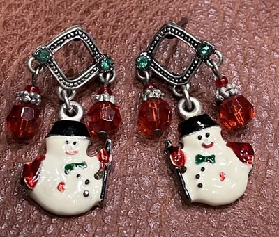 Pendientes colgantes vintage Estate de fiesta de Navidad esmaltados en tono plata muñeco de nieve Foto 1 de 4