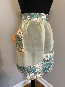 Vintage Handmade Half Apron Floral Sheer High Waist Heart Pocket Green Orange - Picture 1 of 7