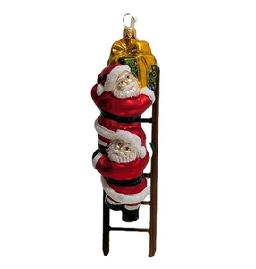 Mercury Glass 2 Santa's On A Ladder Christmas Ornament Poland 5" - Picture 1 of 6