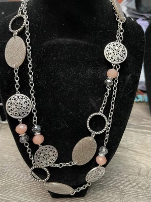 Collar Estación Cuentas Filigrana Tono Plata Rubí Rd Doble Hilo Largo Boho Foto 1 de 4