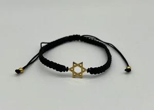 Black Macrame Thread Bracelet with Gold Color Stainless Steel Star of David - Picture 1 of 5
