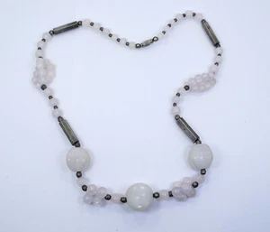 Vintage Carved WHITE ROCK QUARTZ Light Pink Rose Beads 24" Strand Necklace - Picture 1 of 9