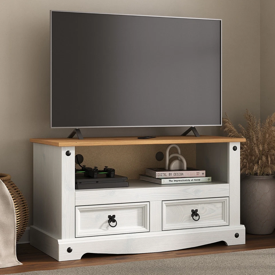 Corona TV Stand White Flat Screen 2 Drawer Television Unit Solid Pine - Image 1 of 4